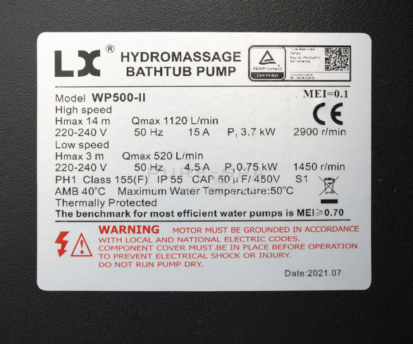 LX WP500-II Spa Pump - 5HP - 2 Speed 