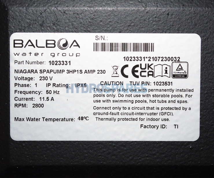Balboa Niagara Spa Pump - 3HP - 1 Speed
