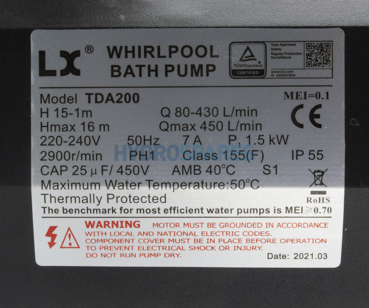 LX TDA200 Spa Pump - 2HP - 1 Speed