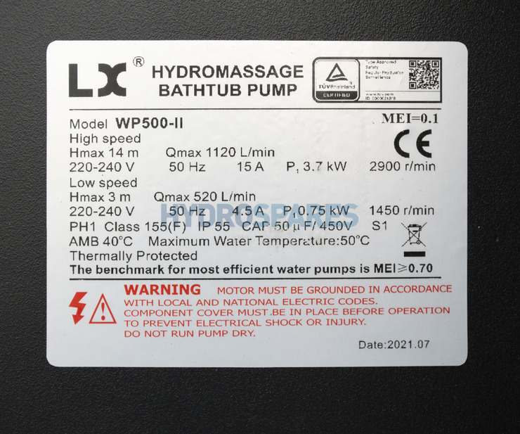 LX WP500-II Spa Pump - 5HP - 2 Speed 
