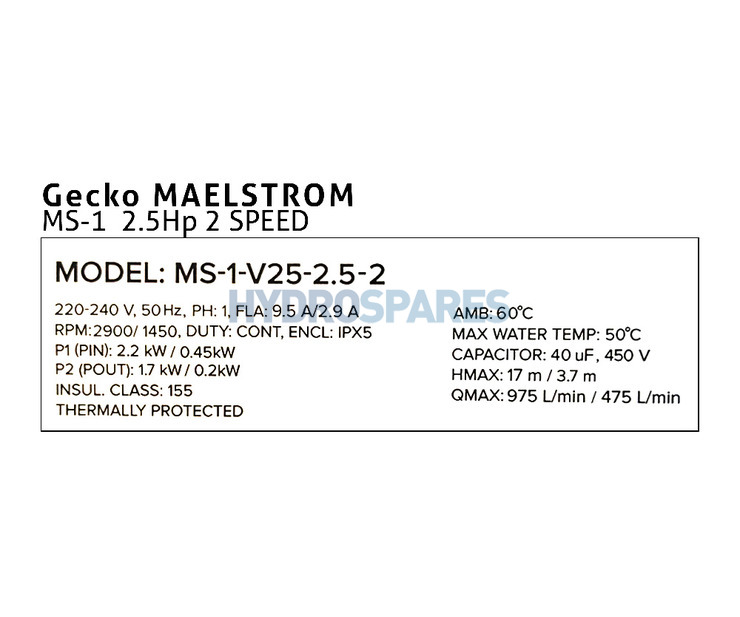 Gecko - Maelstrom MS-1 Spa Pump - 2.5HP - 2 Speed