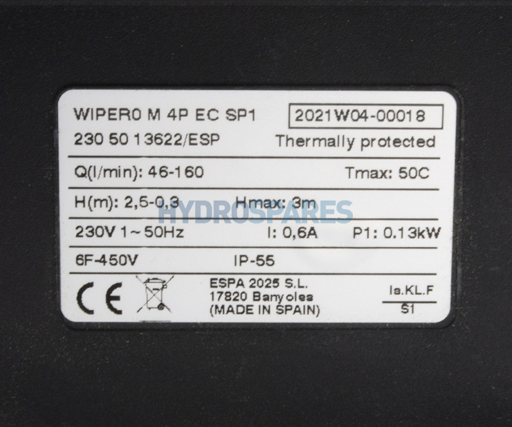 Espa Circulation Pump - Wiper0 M-4P - 0.18HP