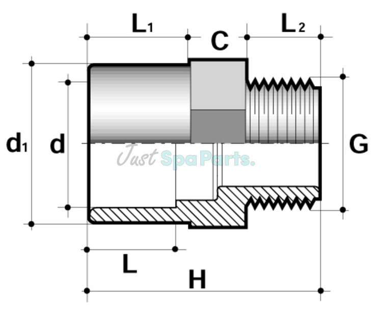 50mm (40mm) x 1" Adaptor - Plain x Threaded - PVC - Grey