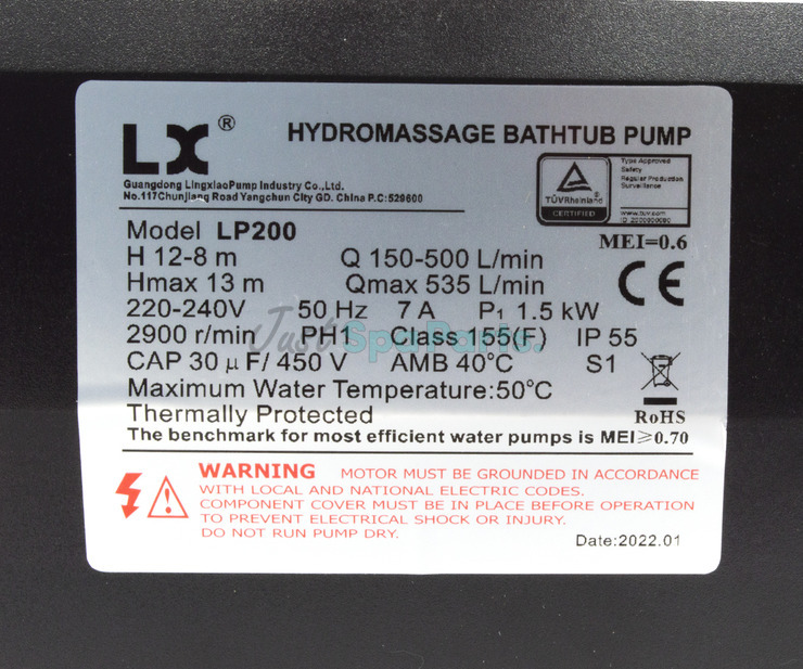 LX LP200 Spa Pump - 2HP - 1 Speed