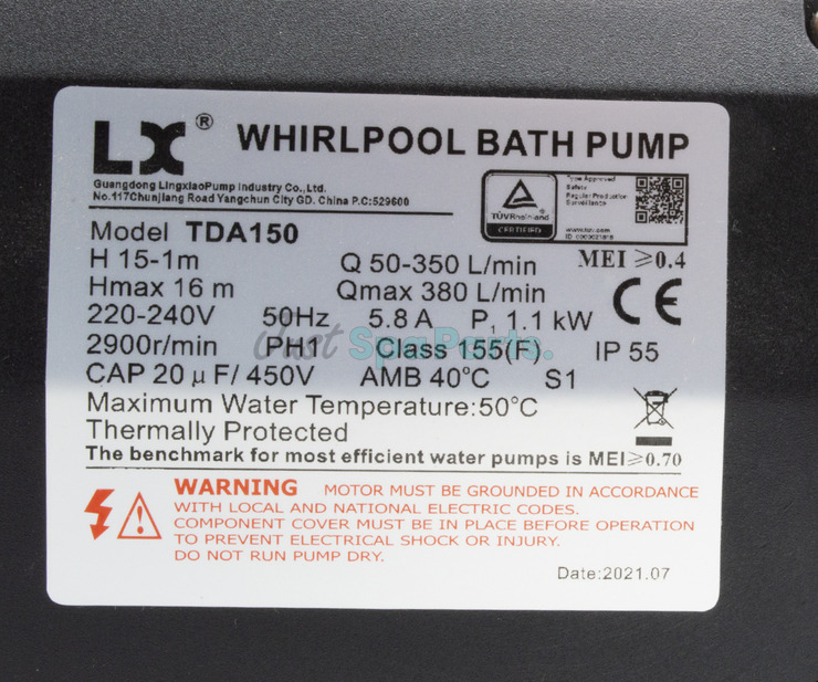 LX TDA150 Spa Pump - 1 ½HP - 1 Speed