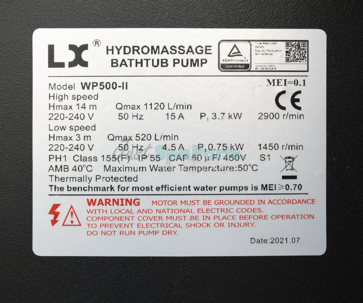 LX WP500-II Spa Pump - 5HP - 2 Speed