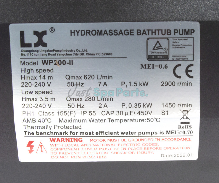 LX WP200-II Spa Pump - 2HP - 2 Speed